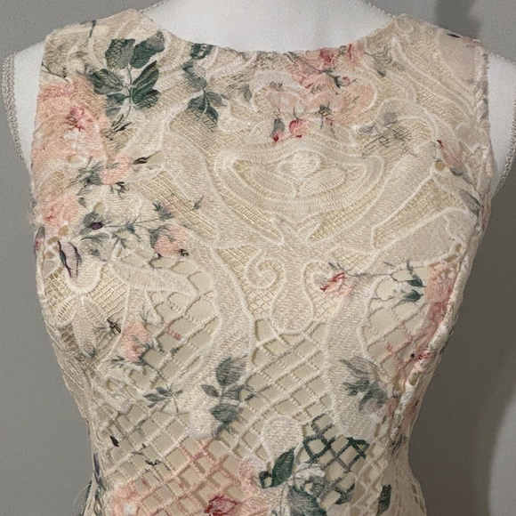 Elegant Floral Midi Dress in Cream and Peachy pinks and forest green - Picture 3 of 8